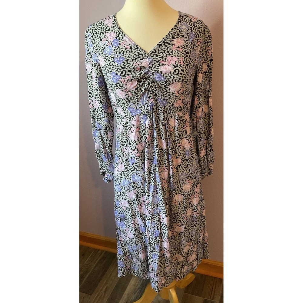 Loft Black and Pink Floral Knee‎ Length Long Sleeve Dress Petite Size 4
